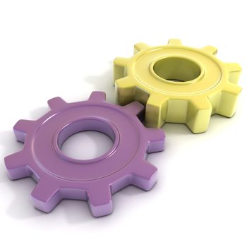 Violet and yellow gear wheels, 3D concept isolated no white background