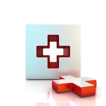 Plus sign. 3D render illustration, isolated on white. Front view