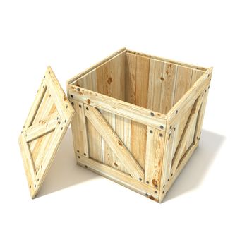 Opened wooden crate. Side view. 3D render illustration isolated on a white background