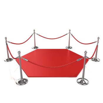Red hexagon carpet surrounded with red rope and silver column, isolated on white background