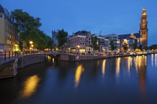 Famous view of Amsterdam Canal by night. Netherlands