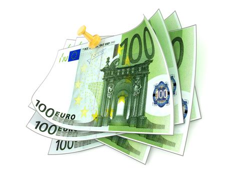 Pinned one hundred euros bills on white background. 3D render illustration isolated