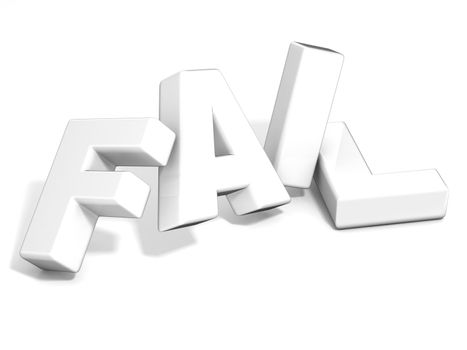 Fail concept. White letters isolated over white background. 3D render illustration