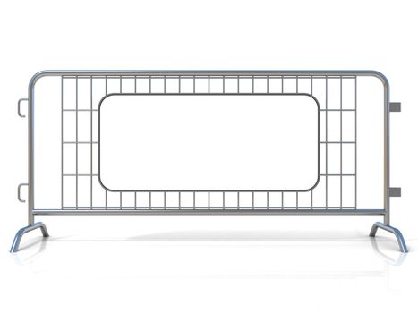 Steel barricades, isolated on white background. Front view, with sign board