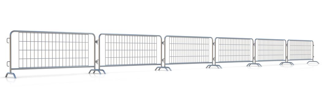 Steel barricades row, isolated on white background. Front view