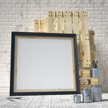 Mock up posters frames in art atelier, 3D render illustration
