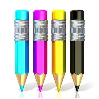 CMYK color pencils (cyan, magenta, yellow and black), isolated on white background, 3D concept of printing.