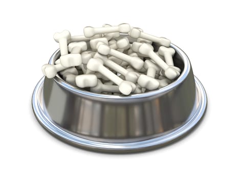 Chrome dog bowl with bones. 3D render illustration isolated on white background