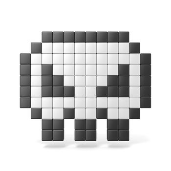 Pixelated 8bit skull icon. Front view. 3D render illustration isolated on white background