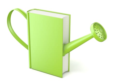 Green watering can book. Concept of education and knowledge. 3D render isolated white background