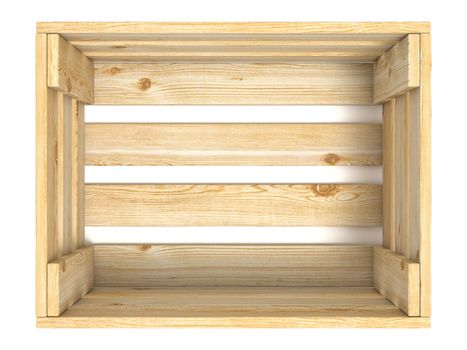 Empty wooden crate. Top view. 3D render illustration isolated on white background