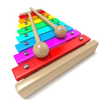 Xylophone with rainbow colored keys and with two wood drum sticks. 3D render isolated on white background. Wooden toy. Percussion instrument. Music art creation concept