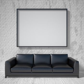 Mock up poster, black leather sofa. 3D render illustration