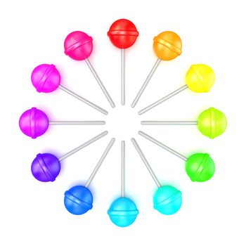 Colorful lollipops, circle arranged. Top view. 3D render illustration isolated on white background