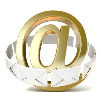Envelopes around golden e-mail sign. 3D render illustration isolated on white background