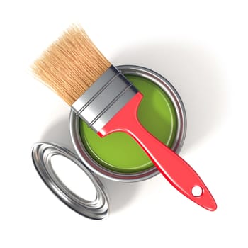 Metal tin can with green paint and paintbrush. Top view. 3D render illustration isolated on white background