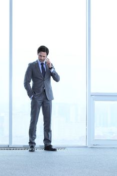 Businessman standing near window, looking at city and talking by phone