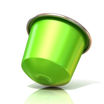 Green coffee capsule. 3D render, isolated on white background. Side view