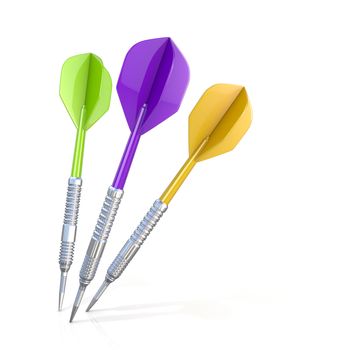 Three darts hitting white board. 3D render illustration, isolated on white.