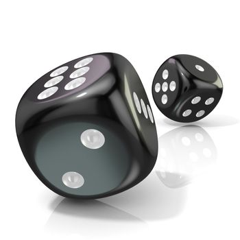 Two black game dices. 3D render illustration isolated on white background