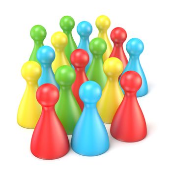 Colorful playing figures in crowd. 3D render illustration isolated on white background