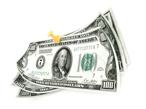 Pinned one hundred dollar bills on white background. 3D render illustration isolated