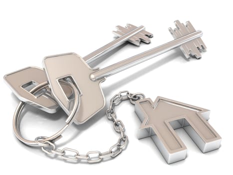 Two house door keys and house key-chain on white background
