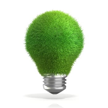 Concept of green energy. Grass on light bulb. 3D render isolated on white background