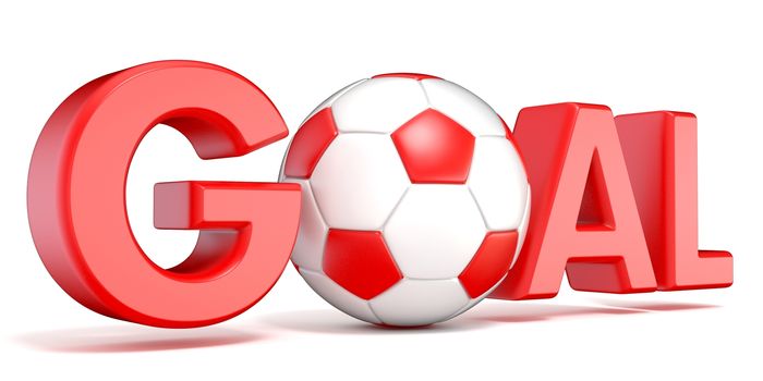 Word GOAL with the football, soccer ball. 3D render illustration isolated on white background