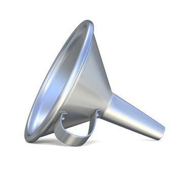 Steel funnel. 3D render illustration, isolated on white. Side view