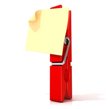 Red clothes pin with sticky note. Isolated on white background