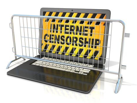 Black laptop with INTERNET CENSORSHIP sign on screen, and steel barricades. 3D rendering isolated on white background