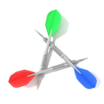 Set of darts arranged in triangle, isolated on white background. Top view. 3d concept