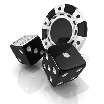 Black gambling chips and dices. 3D render isolated on white