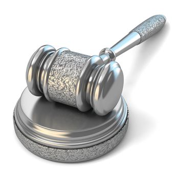 Steel gavel and soundboard on white background. Law concept. 3D render illustration isolated on white background