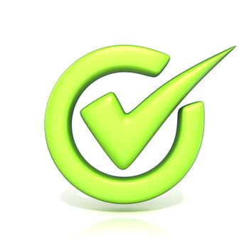 Green correct check mark in circle. 3D render illustration isolated on white background
