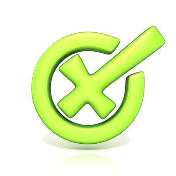 Green incorrect check mark in circle. 3D render illustration isolated on white background
