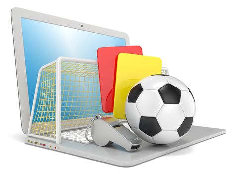 Football concept. Penalty (red and yellow) card, metal whistle, soccer (football) ball and gate on laptop, isolated 3D render on white background.