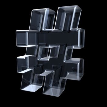 Transparent x-ray hashtag symbol. 3D render illustration on black background