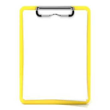 Yellow clipboard and blank paper with lines. 3D render illustration isolated on white background