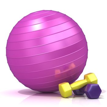 Violet fitness ball and weights, isolated on white