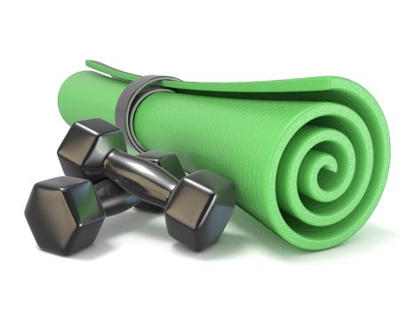 Green fitness mat and black weights. 3D render illustration isolated on white background