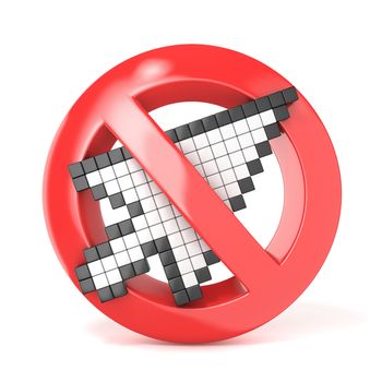 Forbidden sign with arrow mouse cursor. 3D render illustration isolated on white background