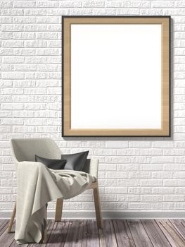 Blank picture frame with white armchair. Mock up poster. 3D render illustration