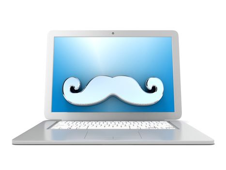 Mustache on laptop. Front view. 3D render illustration isolated on white background