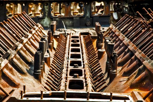 Impressions of the cylinder block of the car with a strong engine size.