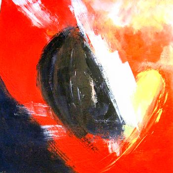 Painting with the title: Broken heart. Acryl on canvas. Red, black, dark gray, yellow colors.