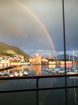Bergen city, sandviken, rainbow in city, sun and rainbow in city, rainbow, rainbow over marina, marina,