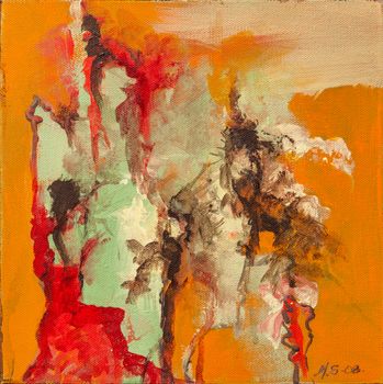 Oil painting on canvas, non-figurative, main color in orange with dark green, red and turquoise