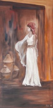 Lady in white dress is posing like a model. Figurative oil painting art on canvas